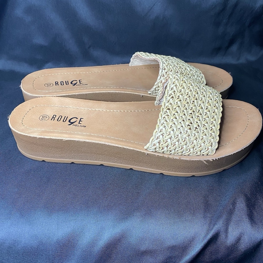 Rouge Helium Woven Raffia Slide Sandals Size 10 Tan Braided Open Toe - Picture 3 of 10